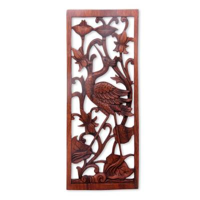 Lotus Crane- Wood Relief Panel