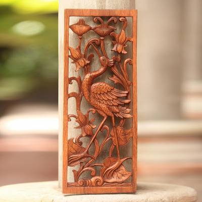 Lotus Crane- Wood Relief Panel