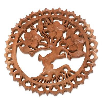 Jepun's Aura Plumeria Tree Wood Relief Panel