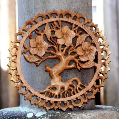 Jepun's Aura Plumeria Tree Wood Relief Panel